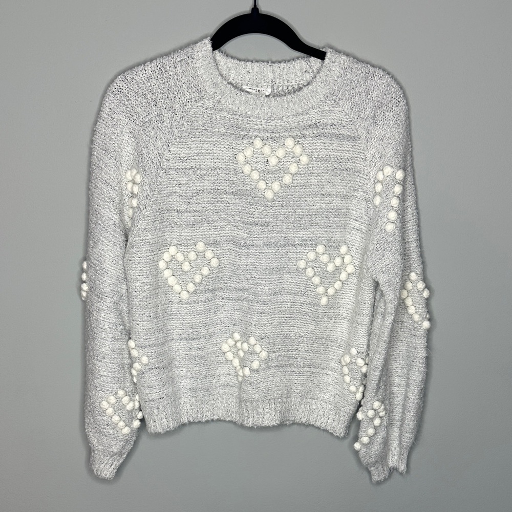 Storia Gray Sweater with White Heart Pom Pom Details size medium GUC